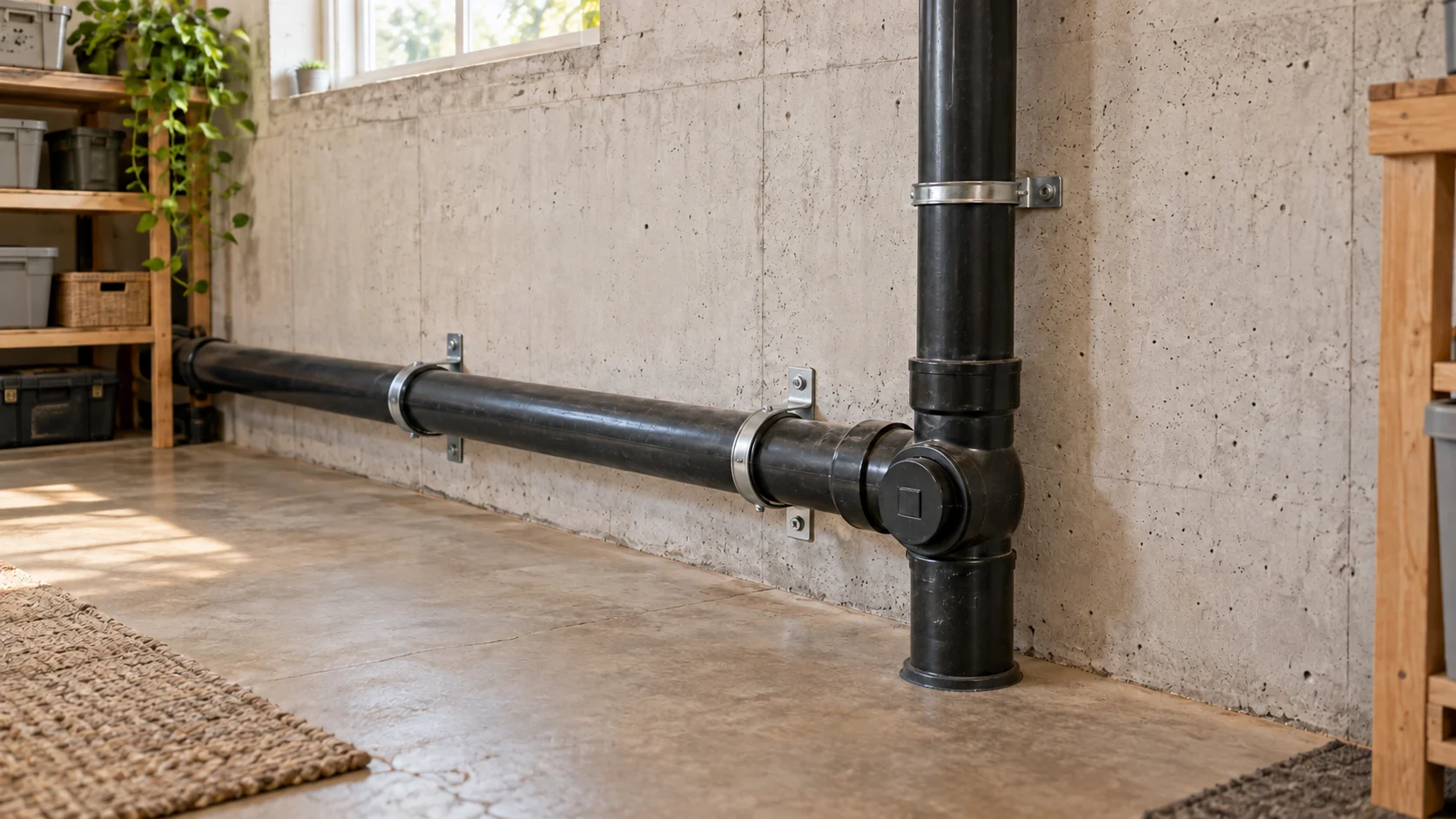 A generic drain line and cleanout against a concrete wall