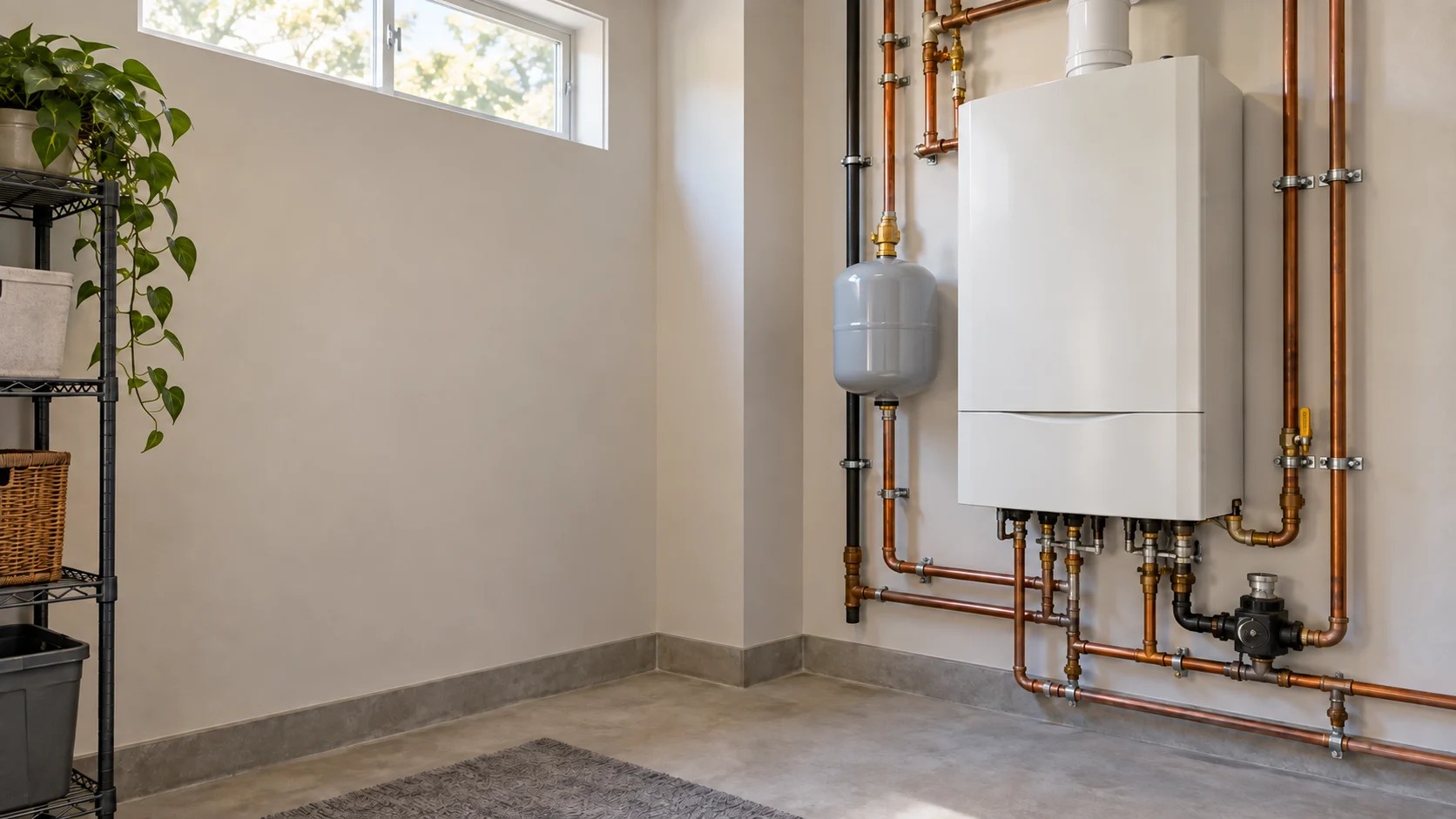 A generic wall-hung boiler in a sunlit utility room