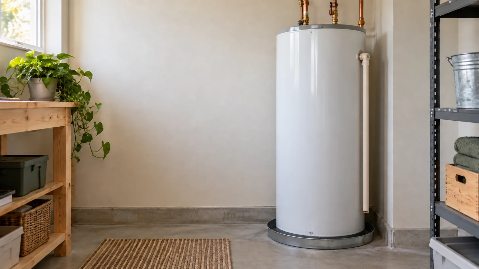An unbranded water heater in a neutral utility room