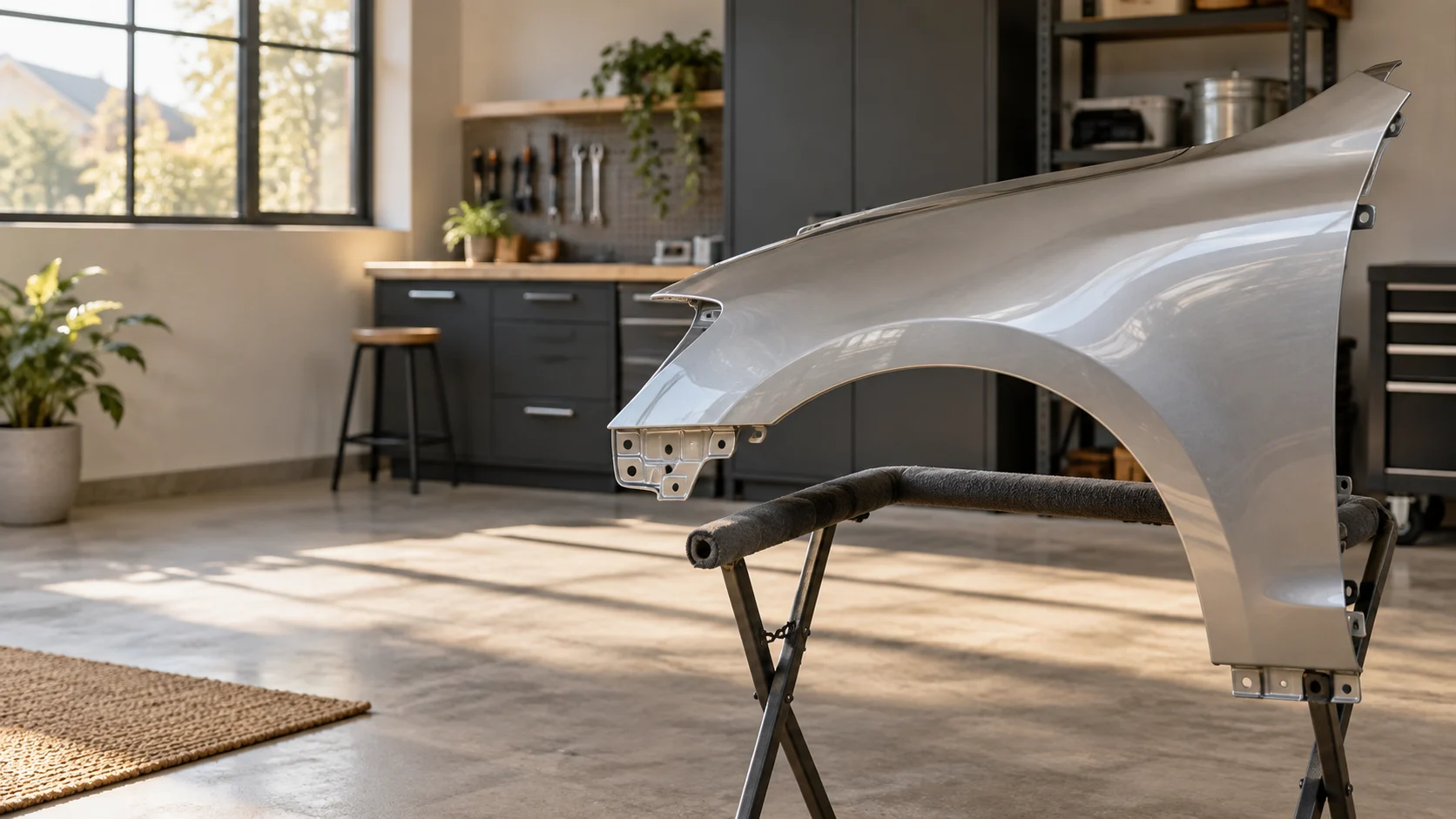 A fictional silver fender on a workshop stand