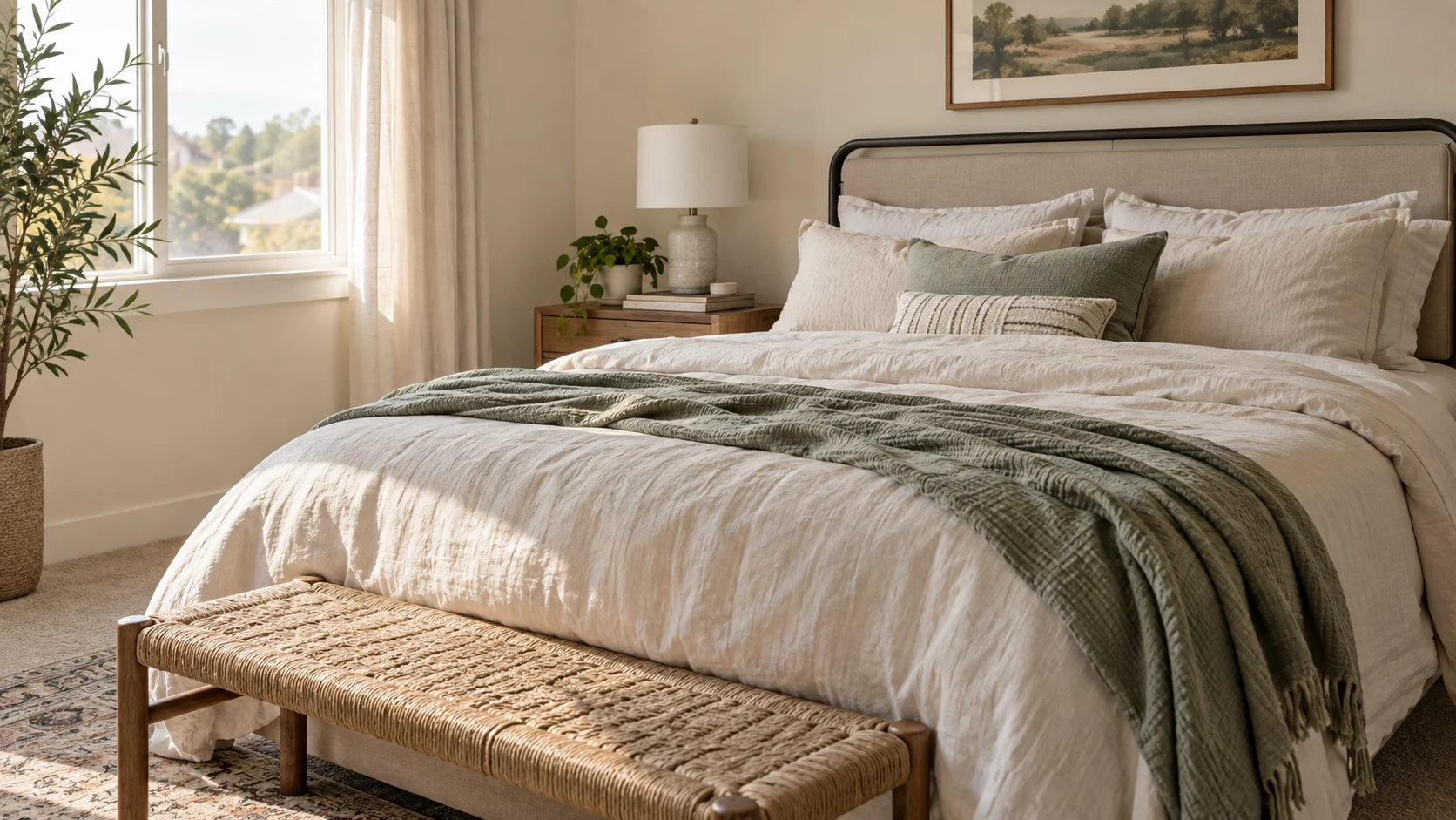 Concept image of a peaceful bedroom with natural linen